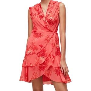 Allsaints Ari Nila Floral Print Wrap Dress Crepe Pink Ruffle Mini Dress